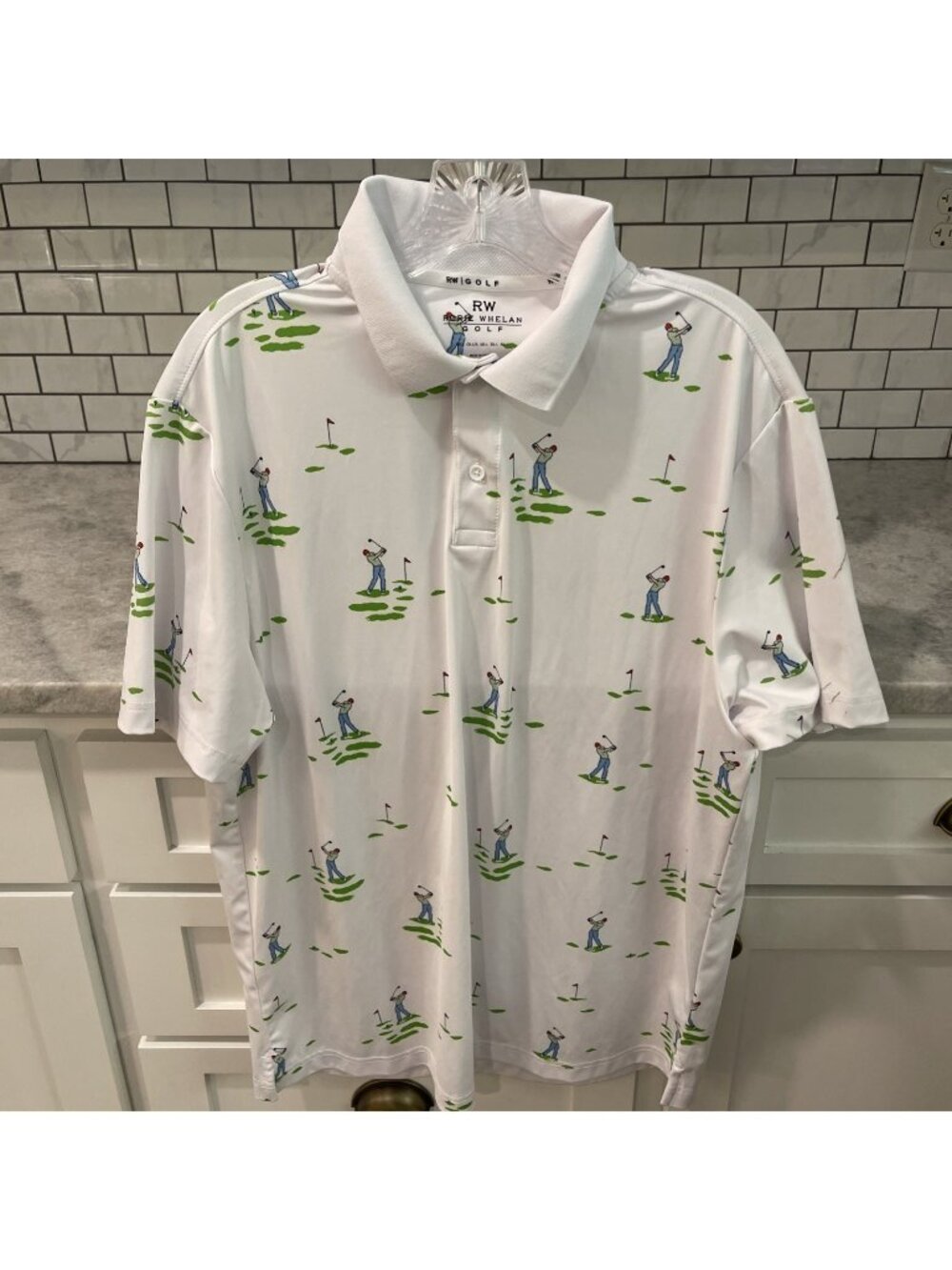 Rorie Whelan Polo Shirt Mens Large White Green All Over Print Performance Golfer